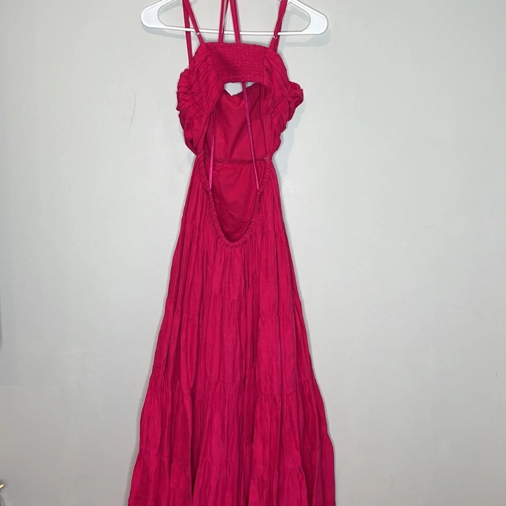 Anthropologie Let Me Be Cutout Tiered Dress‎ Open Back Maxi Hot Pink Extra-Small